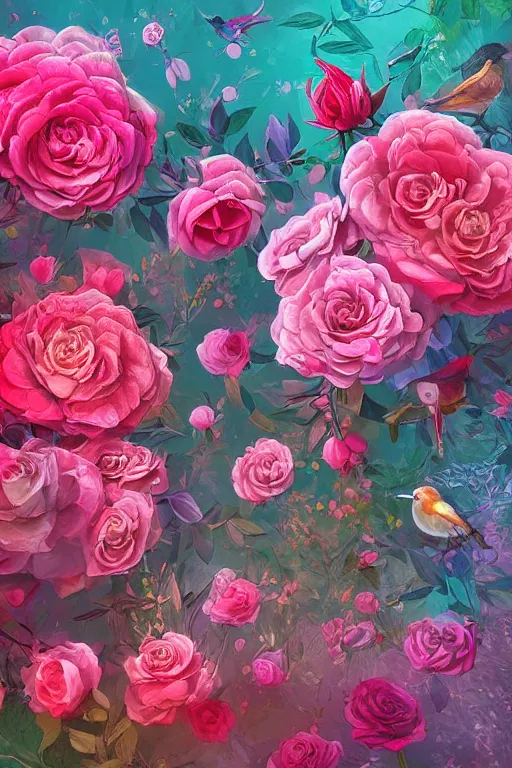 Prompt: beautiful digital matter cinematic painting of whimsical botanical illustration of roses and birds whimsical by greg rutkowki and alena aenami artstation