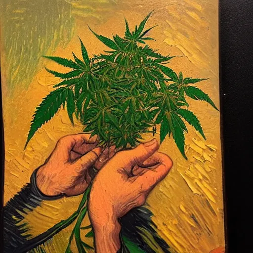 Image similar to jimm kerry spreads his hands against the background of growing cannabis. an oil painting in the style of van gogh