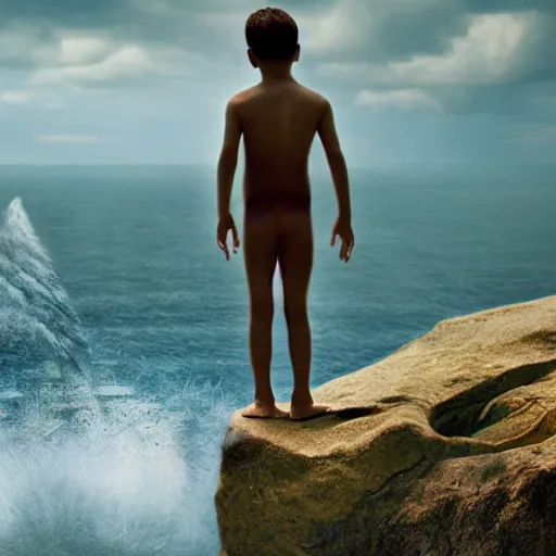 Prompt: a cinematic photo of a boy standing on the edge of a cliff over looking water, coming out of the water is a giant serpent water monster looking at the boy with it's mouth open