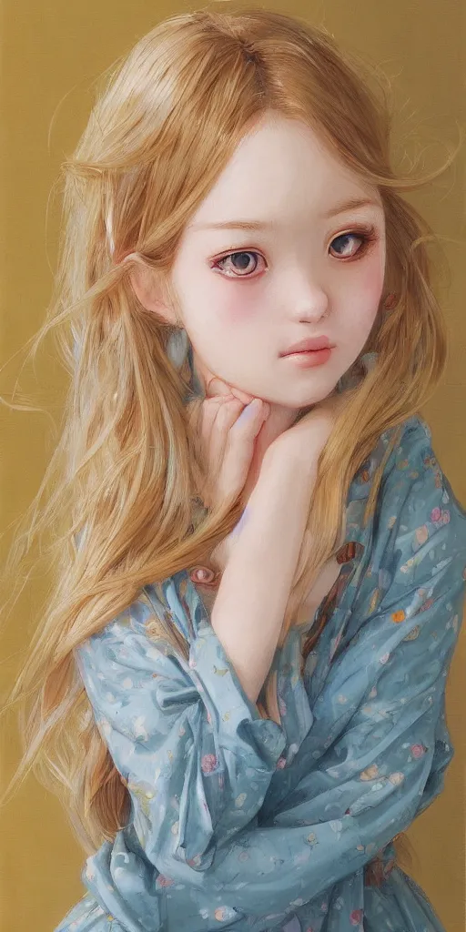 Prompt: portrait of a young cute beautiful girl with blond hair and big dark eyes artwork by WLOP, Hikari Shimoda, Studio Ghibli, Chie Yoshii, artstation