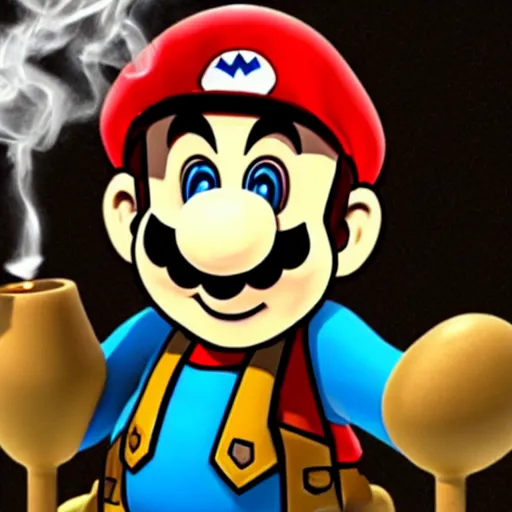 Image similar to super mario drinking bourbon and smoking a joint, realistic, defined