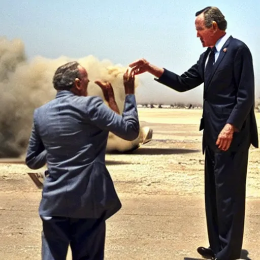 Image similar to George H.W. Bush destroys Iraq, historical photo