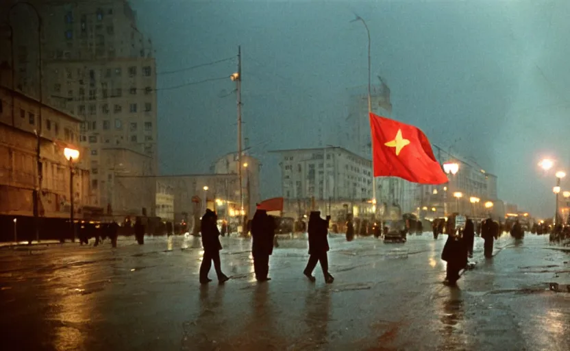 Image similar to 40s movie still of a sovietic street with pedestrians with stanilist style highrise in the backround , Cinestill 800t 18mm, heavy grainy picture, very detailed, high quality, 4k panoramic, HD criterion, dramatic lightning, streetlight at night, rain, mud, foggy, soviet flags