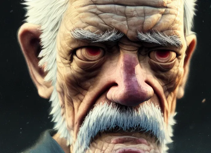 Image similar to a film still portrait of a depressed old caucasian man, finely detailed features, closeup of face, cinematic lighting, perfect art, night cyberpunk city, intricate, anime, gapmoe grimdark, artstation, trending on pixiv fanbox, painted by greg rutkowski makoto shinkai takashi takeuchi studio ghibli, akihiko yoshida, 4 k