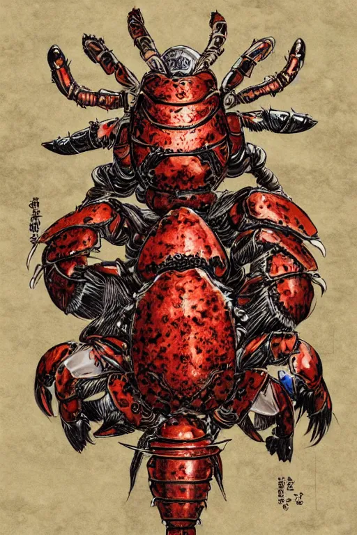 Image similar to human warrior, lobster themed armour, hermit crab, symmetrical, highly detailed, digital art, needles, sharp focus, trending on art station, kentaro miura manga art style