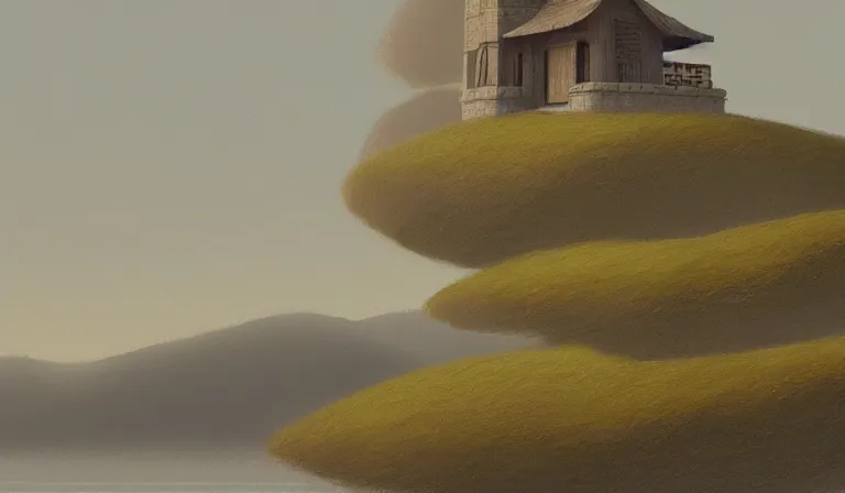 Prompt: A serene landscape with a singular building in the style of fantasy