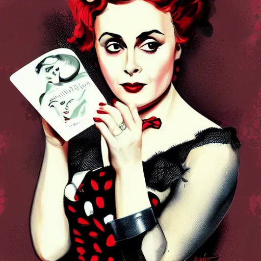 Image similar to pin-up Helena Bonham Carter, 50’s style, illustration, highly detailed, digital painting, concept art