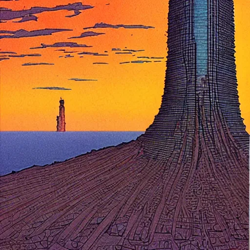 Prompt: the tower of man by jean giraud