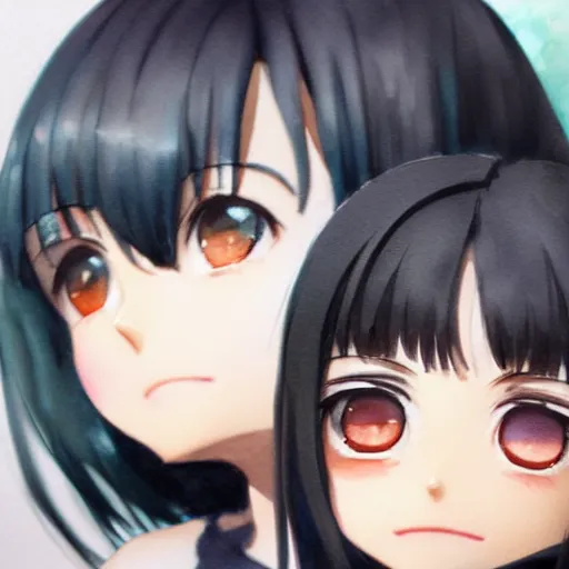 Image similar to photorealistic, portrait watercolor painting of nendoroid eyes kawaii chibi with black hair and hime cut by krenz cushart ilya kuvshinov pixiv key visual manga cover, artstation