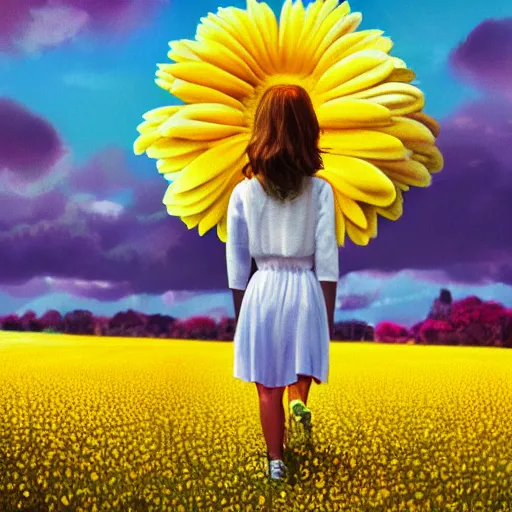 Prompt: giant daisy flower head, full body, girl walking in a flower field, surreal photography, sunrise dramatic light, impressionist painting, colorful clouds, digital painting, artstation, simon stalenhag, flower face