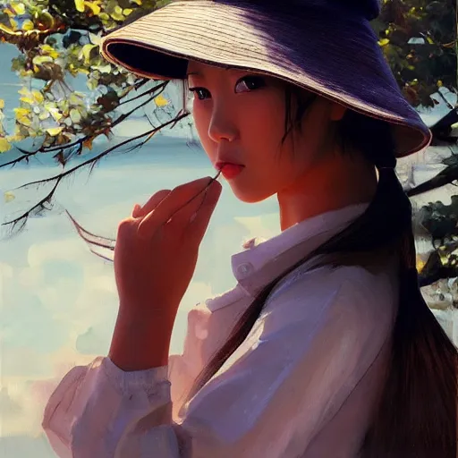 Prompt: oil painting by ilya kuvshinov,, baugh casey, artgerm craig mullins, coby whitmore, of a youthful japanese girl, long hair, fishing and wearing fisherman's outfit, fisherman's hat, highly detailed, breathtaking face, studio photography, noon, intense bounced light, water reflection, large tree casting shadow, serine intense sunlight