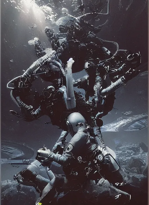 Image similar to astronauts divers in dark void underwater - complex and hyperdetailed technical suit design. reflection and dispersion materials. rays and dispersion of light. volumetric light. f / 3 2. noise film photo. flash photography. ultra realistic, 5 0 mm. poster by wayne barlowe, hajime sorayama aaron horkey, craig mullins