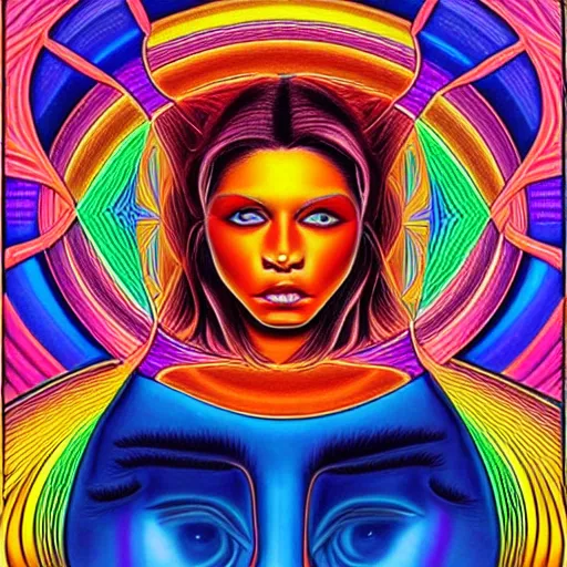 Prompt: a portrait of a beautiful woman the style of Alex Grey, colorful,