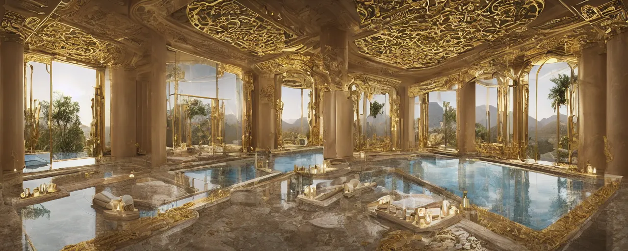 Prompt: photo of a cinematic interior of a double height hyper luxury spa with everything made of gold, candles, windows with view to desert mountains and river, beige stone marble floor with reflection, small wellness relaxation pool, intricate hieroglyph detailed roof, contemporary design, sacred geometry, 8 k, hyperrealistic, photorealism,