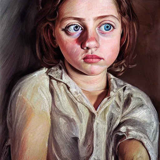 Prompt: high quality high detail painting by lucian freud, hd, beautiful young girl portrait, big eyes, alizarin crimson and white, photorealistic lighting