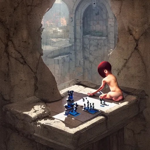 Image similar to cyberpunk baby playing chess at the top of a cliff monastery monks greg rutkowski