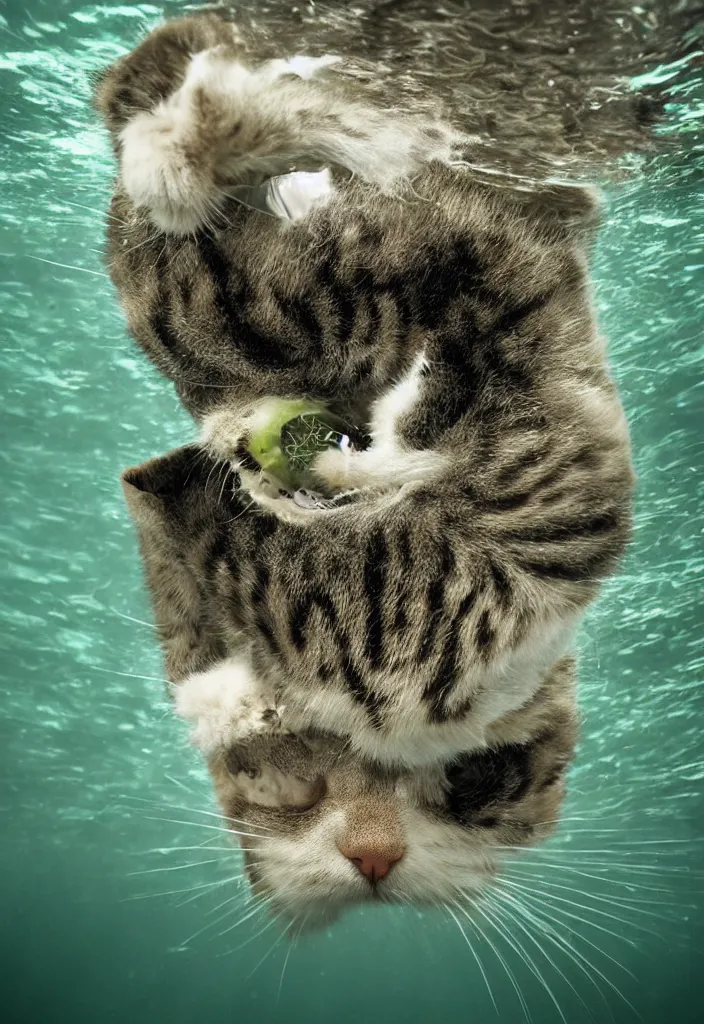 Prompt: A cat licking a cucumber underwater, award-winning photograph, detailed