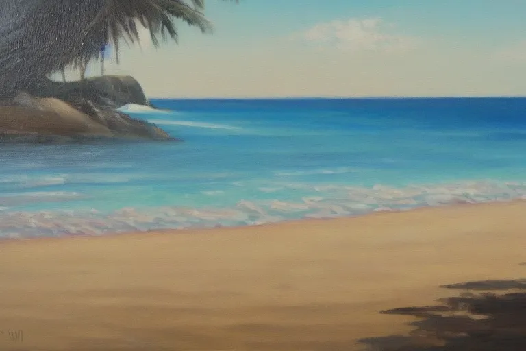 Image similar to painting of a beach, beautiful, with calm waves and sand, oil on canvas