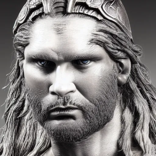 Image similar to of a viking from valhalla, wearing the horned helmet ultra fine detail, hair strands, ultra high resolution, fine texture detail, miniature painting techniques, perfect proportions, marvel cinematic universe, eric bana