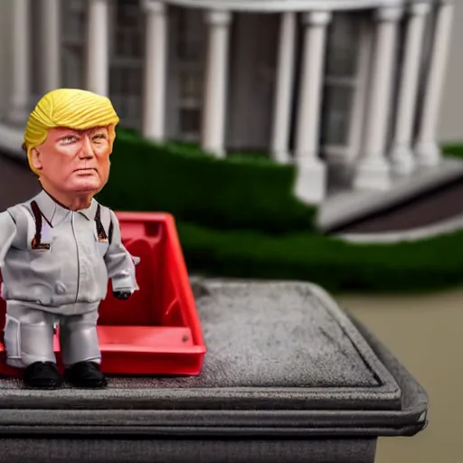 Prompt: a detailed photo of donald trump as an action figure toy in whitehouse diorama, macro photography, zoom, table