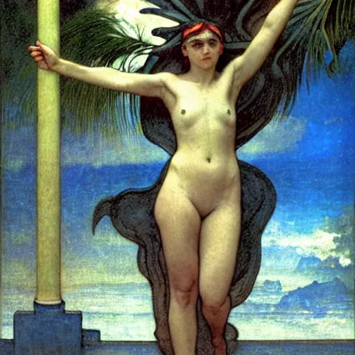 Prompt: Demon girl at the giant column, thunderstorm, greek pool, beach and palm trees on the background major arcana sky, by paul delaroche, alphonse mucha and arnold böcklin arnold böcklin hyperrealistic 8k, very detailed