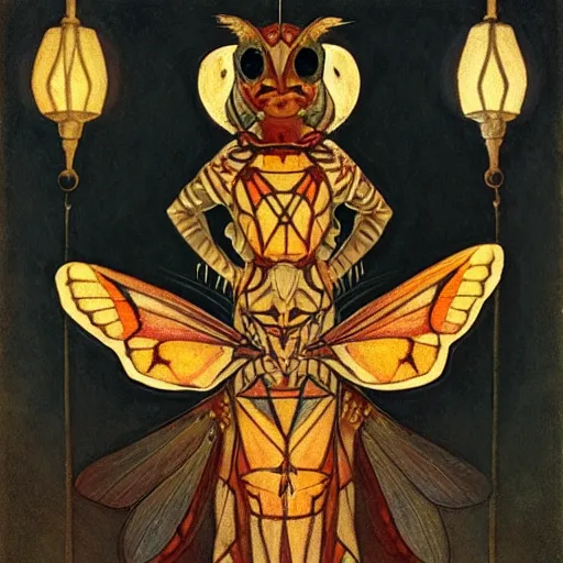 Image similar to the moth queen with her lantern, by Annie Swynnerton and Nicholas Roerich, bioluminescent skin, tattoos, elaborate costume, geometric ornament, symbolist, smooth, sharp focus, extremely detailed