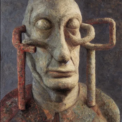 Image similar to a detailed, impasto painting by shaun tan and louise bourgeois of an abstract forgotten sculpture by ivan seal and the caretaker, 1 9 0 0