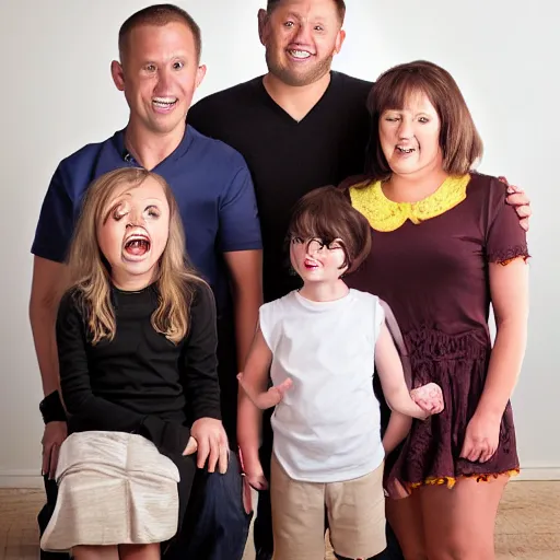Image similar to family portrait studio of ugly family big eyes bad awful teeth and smile, horrible scary family laughter by Douggy Pledger
