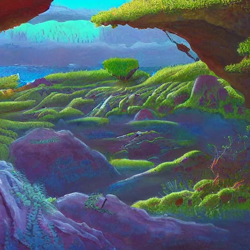 Image similar to detailed painting of a lush natural scene on an alien planet by marinus adrianus koekkoek. beautiful landscape. weird colourful vegetation. cliffs and water.