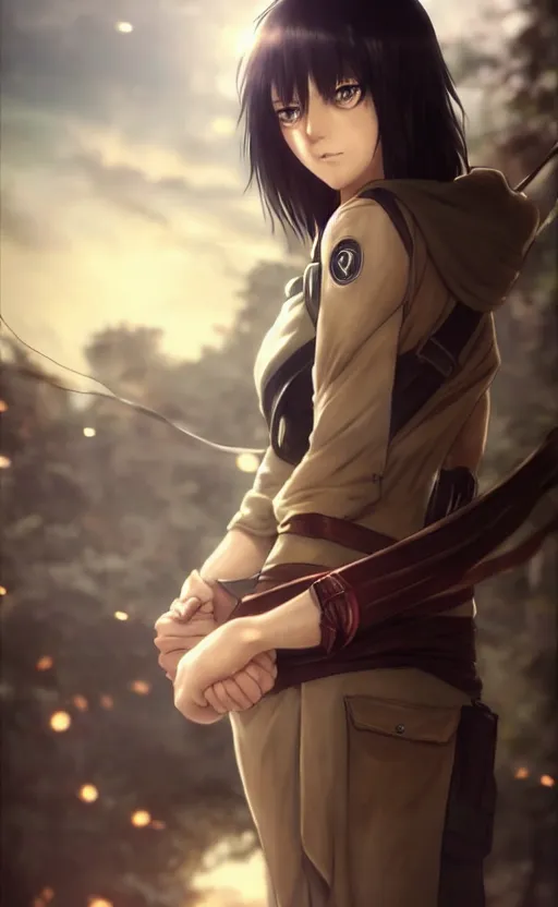 Image similar to mikasa ackerman, hero pose, medium shot, bokeh, beautiful face!!!!, 2 7 years old, cg animation, lifelike, animated, realistic, character select portrait, by artgerm, greg rutkowski, alphonse mucha, 3 d