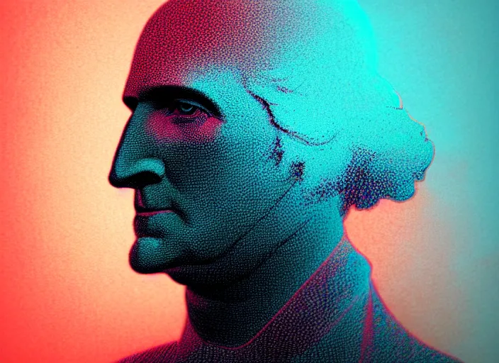 Image similar to portrait of george washington, colorful, mads berg, karolis strautniekas, christopher balaskas, stippled light, low fog, moody, fine texture, editorial illustration, dramatic lighting, dynamic composition, detailed, matte print, muted color, ( ( victo ngai ) ), wide angle ( ( sunbeams ) )