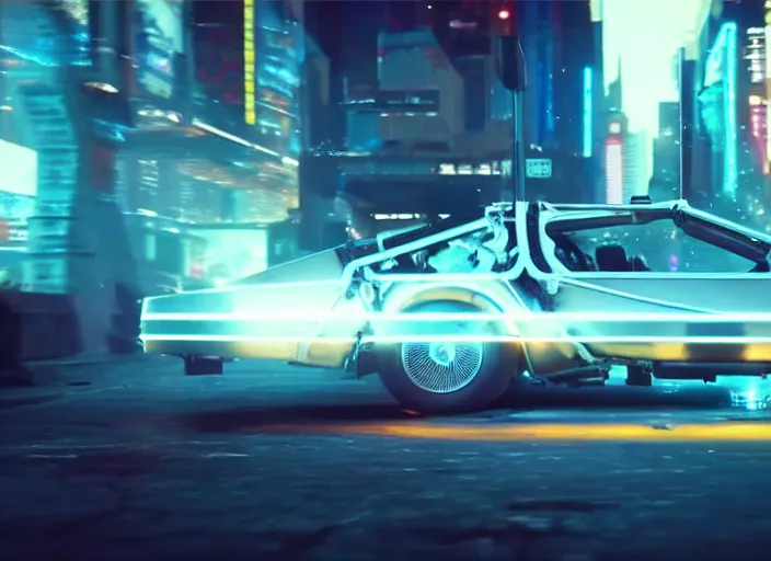 Image similar to a cyberpunk delorean breaking the space - time continuum, energy and time particles, dramatic framing, movie footage, 8 k