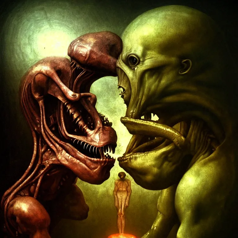 Image similar to closeup portrait of alien kissing prehistoric caveman by hieronymus bosch, lucid dream - like heavy atmosphere, baroque painting, harsh flash photo, perfect composition, detailed octane render trending on artstation, 8 k artistic photography, volumetric cinematic perfect light, chiaroscuro, masterpiece, raphael, caravaggio, beksinski, rutkowski, beeple