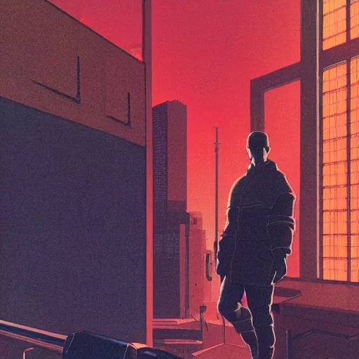 Image similar to a portrait of a cyberpunk man staring at the camera with dramatic lighting, by kawase hasui, moebius, edward hopper, colorful flat surreal design, hd, 8 k, trending on artstation