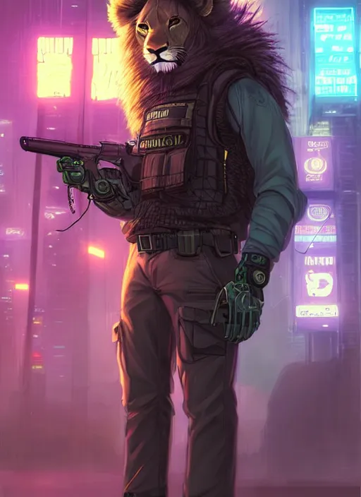 Image similar to beautiful portrait commission of a male furry anthro lion wearing a bullet proof vest and cargo pants. Cyberpunk city at night in the rain. Neon light. Atmospheric. Character design by charlie bowater, ross tran, artgerm, and makoto shinkai, detailed, inked, western comic book art