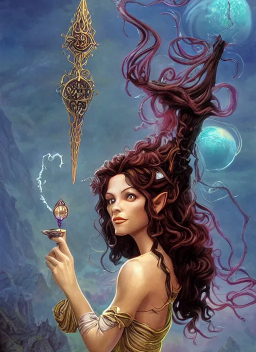 Image similar to a beautiful elf witch with long curly dark hair, holding a wand with a very large magical gemstone at the top radiating energy, d & d fantasy character, detailed matte painting, studio lighting, octane render, by larry elmore and michael whelan