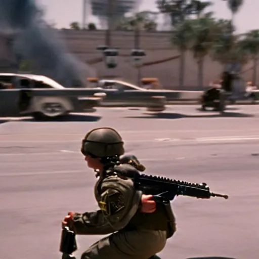 Image similar to film still of Los Angeles Future Commando Squad (1998). Villian chase scene. Sigma 85mm f/8