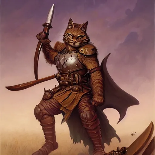 Image similar to ( ( ( full length portrait of tabby tabaxi warrior, halberd, breastplate ) ) ), d & d, tyler jacobson, greg rutkowski, frank frazetta, alexandre chaudret, boris vallejo, michael whelan, miro petrov, magali villeneuve, donato giancola