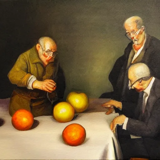 Prompt: oil painting of scientists comparing apples and oranges,