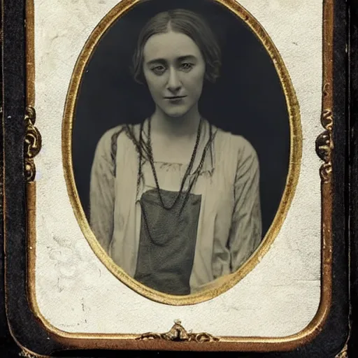 Image similar to Tintype photograph of Saoirse Ronan as a Irish ethnographic subject. 1920s studio lighting.