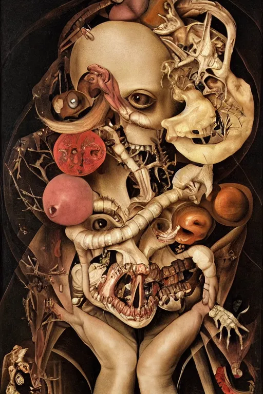 Image similar to Detailed maximalist portrait with large lips and with large wide eyes, surprised expression, surreal extra flesh and bones, HD mixed media, 3D collage, highly detailed and intricate, illustration in the golden ratio, in the style of Caravaggio and Hieronymus Bosch, dark art, baroque