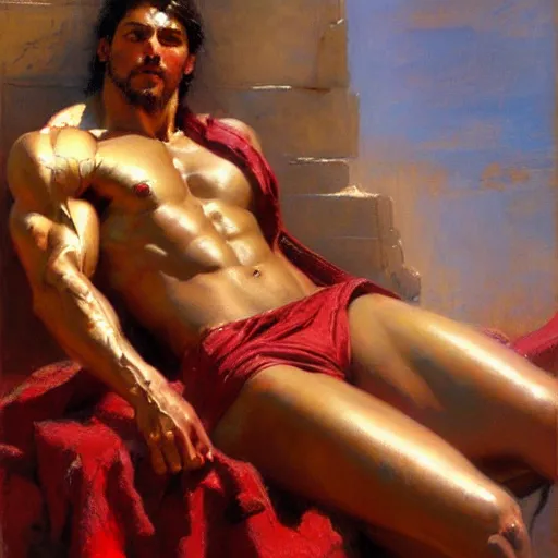 Image similar to greek god, muscular, red and gold, detailed face, thighs, painting by Gaston Bussiere, Craig Mullins