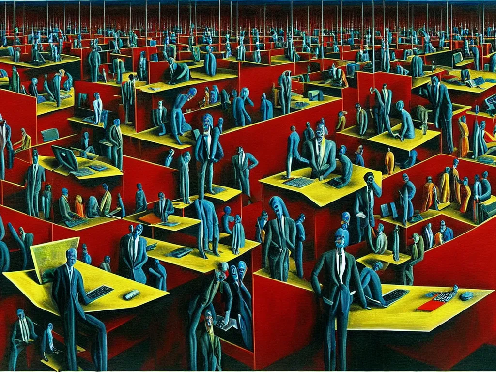 Image similar to a painting of a vast office in hell, businesspeople sitting in front of computers upside down,, highly detailed, 4 k, art by max ernst