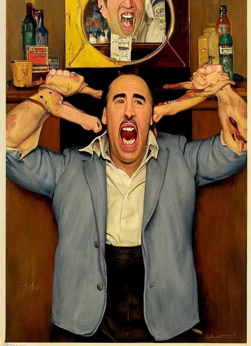 Image similar to full body and head portrait of nicholas cage screaming about crazy evil in a restaurant and being restrained by the manager, painted by norman rockwell and tom lovell and frank schoonover