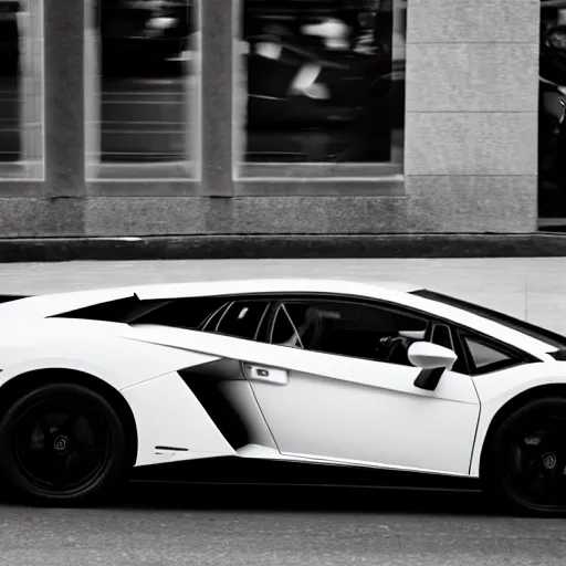 Image similar to black and white press photograph of a tired and depressed man in a black suit pushing a lamborghini that is out of gas on a busy city street, sideview, detailed, natural light, mist, film grain, soft vignette, sigma 5 0 mm f / 1. 4 1 / 1 0 sec shutter, imax 7 0 mm footage