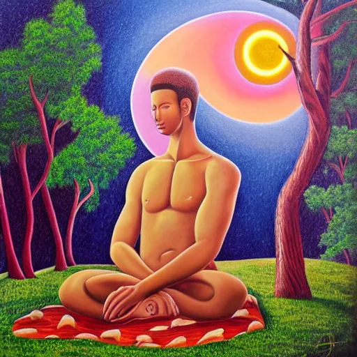 Image similar to painting of a peaceful man relaxing under a tree by alex grey, acrylic art, calm, soothing, cosy, elegant, soft light,