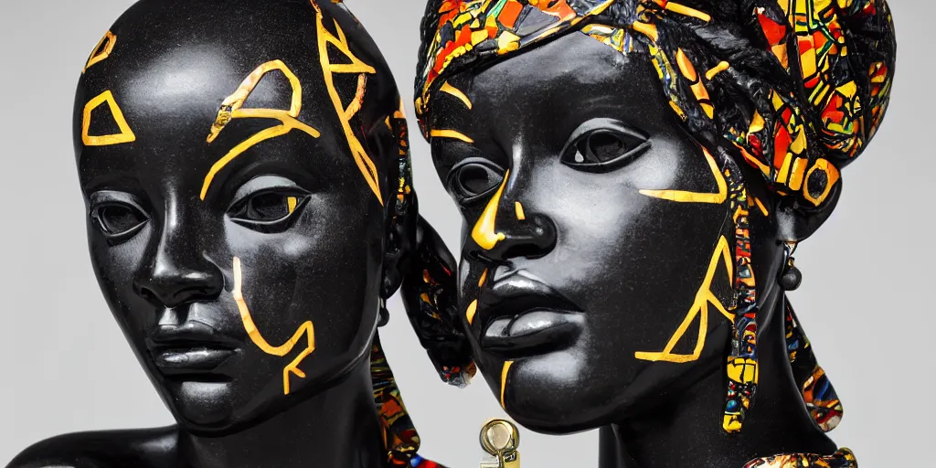 Image similar to masterpiece of a glossy black marble statue of an african girl with colorful african pattern logos in the background in the style of virgil abloh, very very beautiful, detailed, realistic carved marble statue, fine art, off white, heron preston, techno, rave, 8 k, 4 k, detailed, realistic, beautiful, symmetrical, vogue, paris, fashion