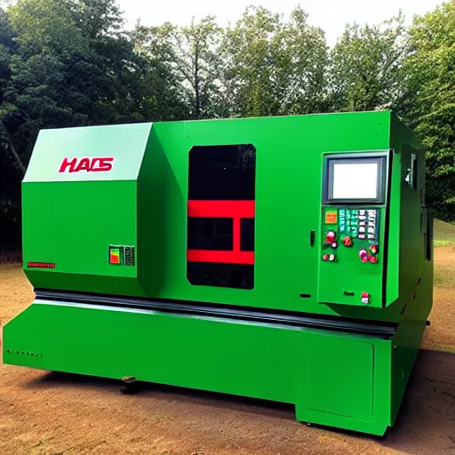 Image similar to cnc lathe from haas stands in a green field, the sky is bright red with clouds