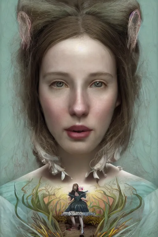 Image similar to cinematic portrait of Alice in Wonderland. Centered, uncut, unzoom, symmetry. character illustration. Surreal render, ultra realistic, zenith view. Polished. Inspired by patricio clarey, heidi taillefer scifi painter glenn brown. Extremely ornated. artstation, cgsociety, unreal engine, ray tracing, detailed illustration, hd, 4k, digital art, overdetailed art. Dslr, tiltshift, dof. 64megapixel. complementing colors. Trending on artstation, deviantart,