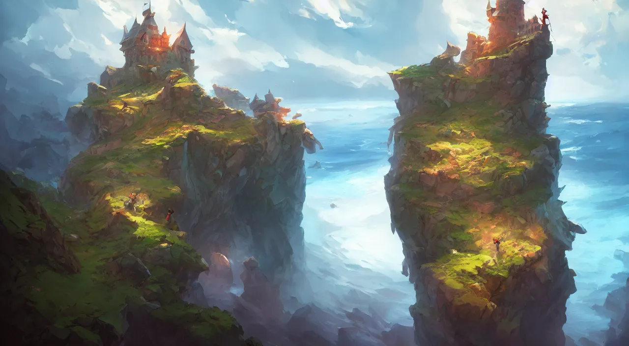 Prompt: castle on top of cliff over stormy seas, heartstone official fanart behance hd by Jesper Ejsing, by RHADS, Makoto Shinkai and Lois van baarle, ilya kuvshinov, rossdraws global illumination